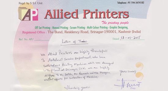Allied Printers - Letter of Thanks